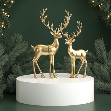 Elegant Gold Reindeer on Simple White Podium