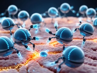 Nano Robots in Action Closeup of tiny sleek nanotechnology performing tasks
