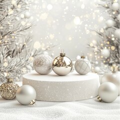 Snowy Christmas Podium with Metallic Ornaments