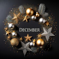 Silver and gold holiday decorations with text that says -December-