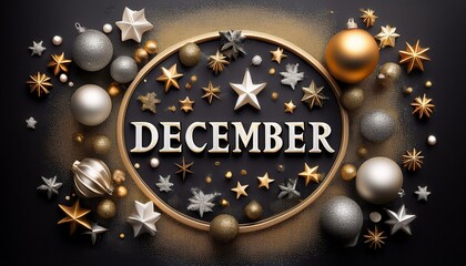 Silver and gold holiday decorations with text that says -December-