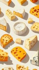Assorted Cheeses on a White Background with Shadows