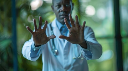 Healthcare professional interacting with a digital interface, exploring connections and innovations for the future of medical services through touch technology