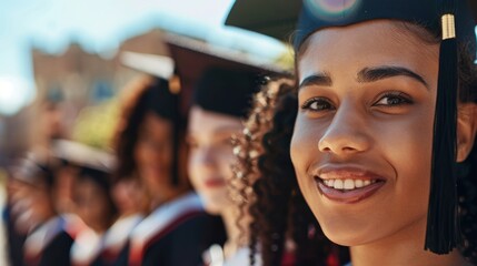 Fototapeta premium Happy graduates celebrating their success in education with diplomas. Diverse students rejoice together under a bright blue sky, marking their achievement