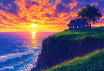 Dramatic Sunset Over Ocean Cliffs with Cozy House, Vibrant Landscape Illustration wallpaper