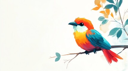 Fototapeta premium a 2D cartoon illustration of a tropical bird sitting on a branch, colorful and lively, white background--ar 16:9