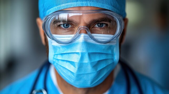 Close-up portrait of a doctor wearing a surgical mask and goggles, looking directly at the camera.