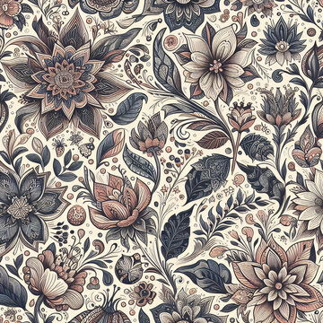 A cute floral pattern with cream, blue, yellow  and purple flowers and dark stems and leaves on a white background.