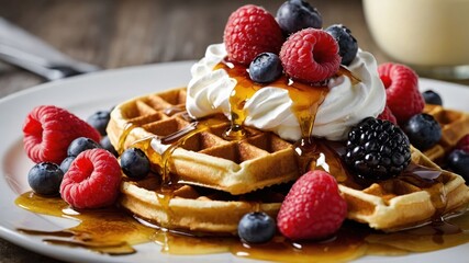 A delicious plate of waffles topped with cream, berries, and syrup, perfect for breakfast.