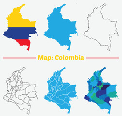 Colombia Map Set - Vector Solid, Contour, Regions, Flag, outline colorful.