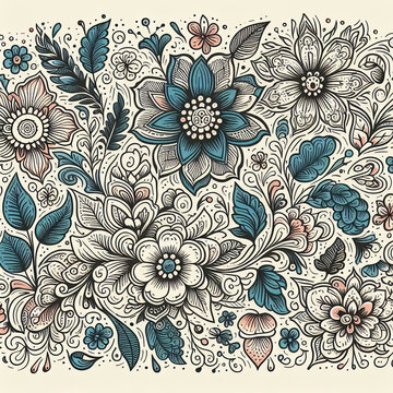 A cute floral pattern with cream, blue, yellow  and purple flowers and dark stems and leaves on a white background.