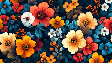 A stylish vector illustration of an ornamental floral pattern with vibrant colors. The seamless design is perfect for wrapping paper, textiles, and decorative art.