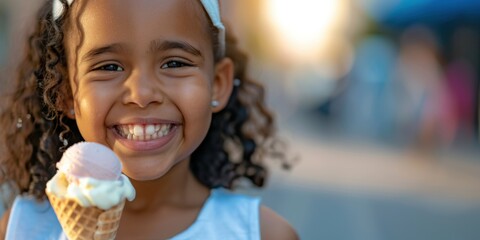 Naklejka premium Young girl enjoying ice cream outdoors on a warm day, smiling and having fun with her tasty treat
