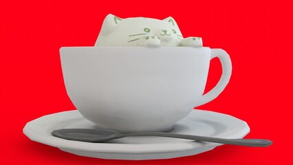 cat tea cup with red background