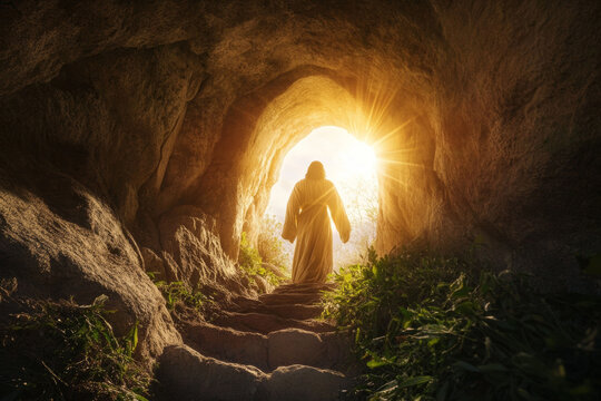 Jesus coming out of the tomb on the third day after he rose from the dead