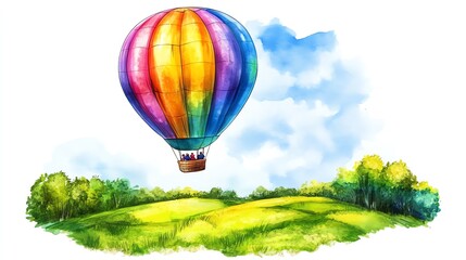 Naklejka premium a 2D cartoon illustration of a hot air balloon floating over a field, colorful and magical, white background--ar 16:9
