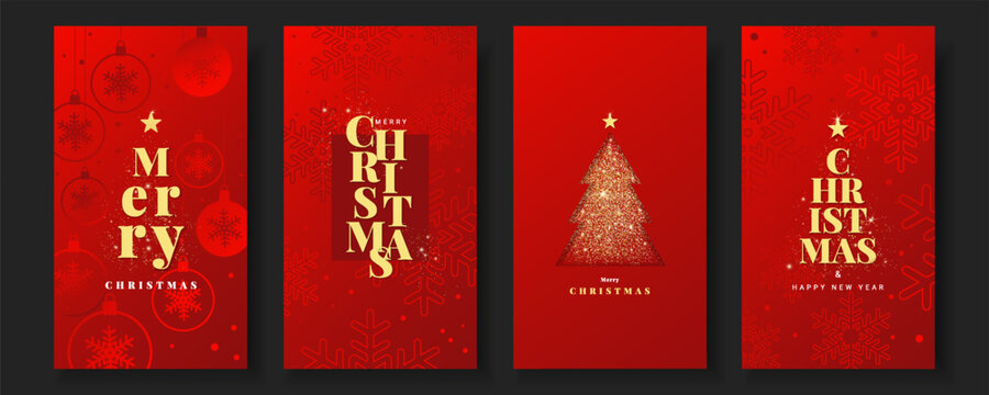 Merry Christmas and Happy New Year greeting card, banner set. Luxury Xmas design with gold typography, balls, snowflakes, Christmas tree and gliter on red background