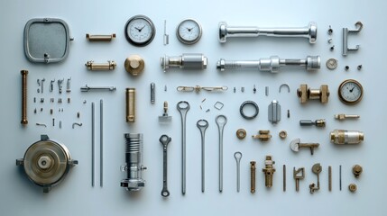 Collection of industrial metal parts and components, including screws, gears, nuts, bolts, and other machinery pieces, laid out on a white background.