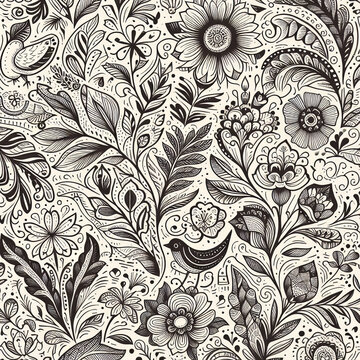 A cute floral pattern with cream, blue, yellow  and purple flowers and dark stems and leaves on a white background.