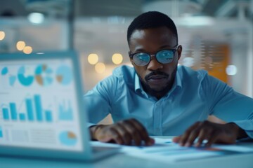 Fototapeta premium Business professional engaged in financial analysis and KPI review on a laptop at a desk, focusing on company objectives and online reports in a corporate environment