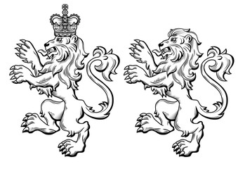 Heraldry Symbol Lion Rampant. Lion Standing on Hind Legs in Profile. Medieval Engraving. Element for Heraldic Design, Coats of Arms, Mascot