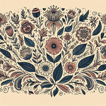 A cute floral pattern with cream, blue, yellow  and purple flowers and dark stems and leaves on a white background.