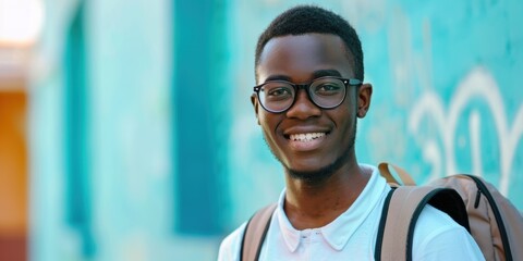 Portrait of a joyful young man with books and a backpack, prepared for education and study against a simple background