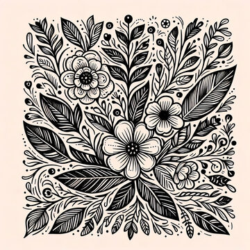 A cute floral pattern with cream, blue, yellow  and purple flowers and dark stems and leaves on a white background.