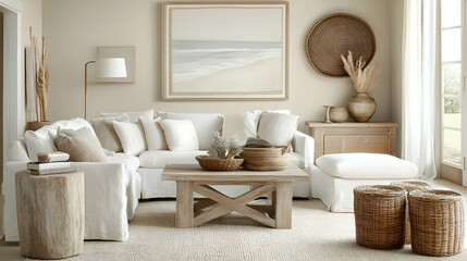 Fototapeta premium Minimalist Coastal-Inspired Living Room with Light Beige Walls, Soft White Sofa, Pale Wood Furniture, and Natural Elements