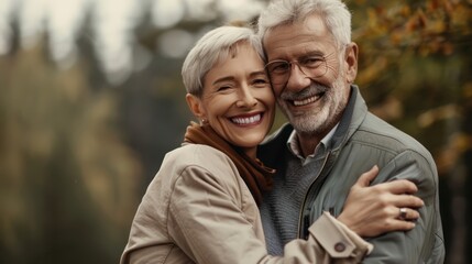 Elderly couple embracing in a garden during a romantic outing, enjoying fresh air and each others company with smiles and happiness