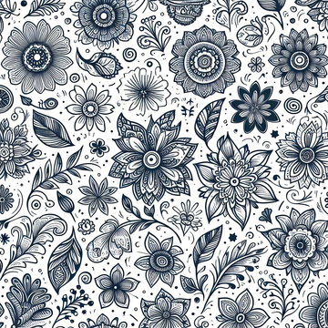 A cute floral pattern with cream, blue, yellow  and purple flowers and dark stems and leaves on a white background.