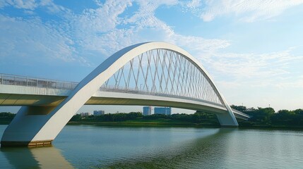 Obraz premium Modern white arch bridge over a river with blue sky and green trees in the background.