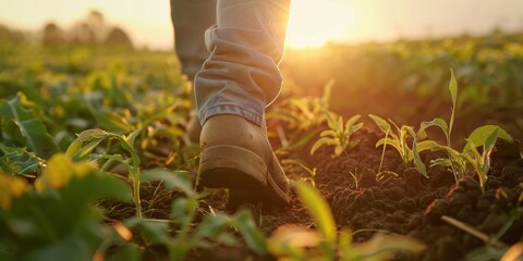 Person walking through a grassy field on a sustainable farm during morning sunrise, ready for an organic harvest in a natural setting