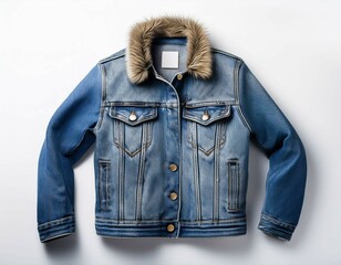 A wool-lined denim jacket, laid flat on a white background with copy space on either side.