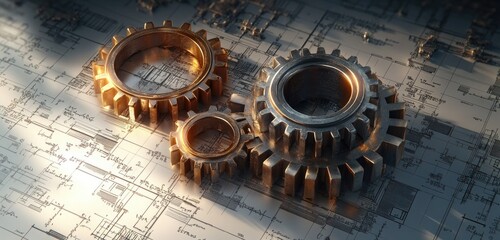 Fototapeta premium A mix of ancient-looking bronze and silver gears on an abstract background of equations and blueprints, symbolizing the fusion of historical ideas and modern problem-solving.