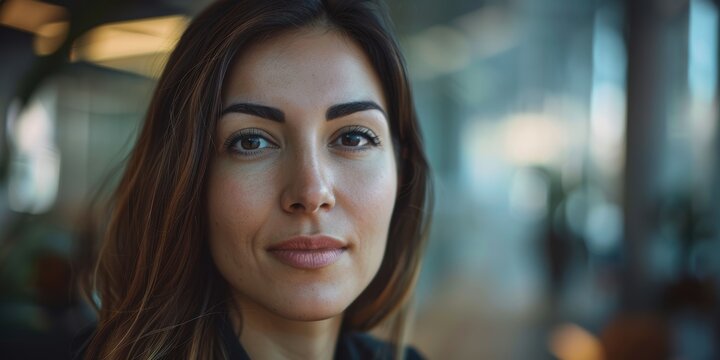 Female professional with a tablet in a modern office, engaging in digital marketing management, collaborative meetings, and data analysis. Portrait of a cheerful creative designer in tech advertising