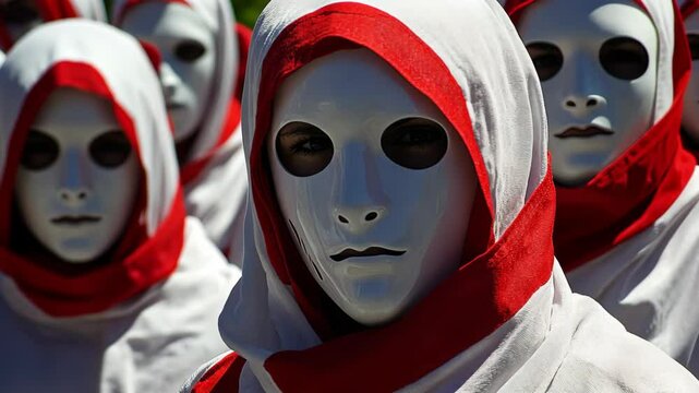 People wearing white robes and red sashes with white masks stand in a row