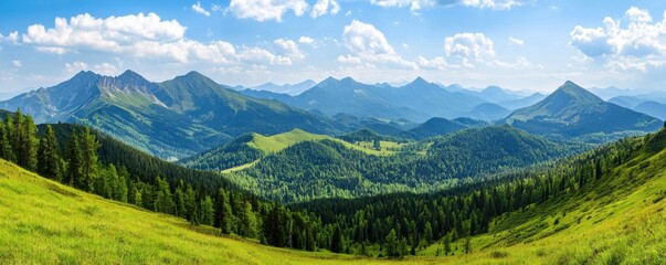 A panoramic view of lush green hills and mountains under a bright blue sky with fluffy clouds, showcasing stunning natural beauty.