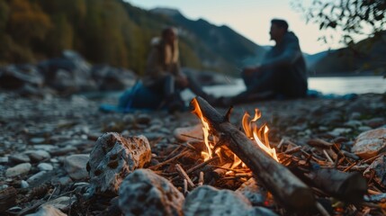 Couple enjoying a camping adventure in the woods, creating a fire with stones and sticks for a weekend getaway in nature