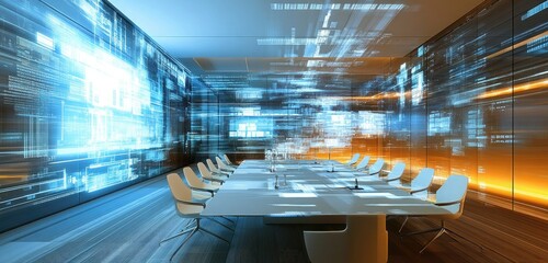 A modern conference room filled with abstract digital projections of ideas and concepts, enhancing a collaborative environment.