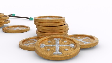 golden coins in pouch with white background