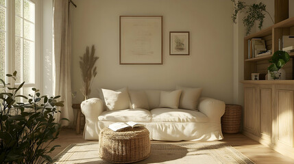 Fototapeta premium Minimalist French Country-Inspired Living Room with Light Walls, Beige Sofa, Elegant Wood Accents, and Rustic Charm