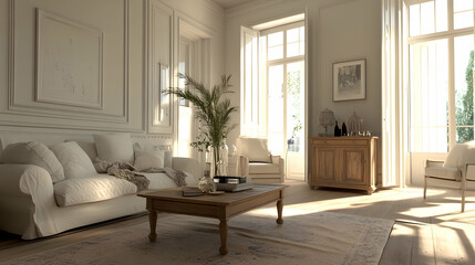 Minimalist French Country-Inspired Living Room with Light Walls, Beige Sofa, Elegant Wood Accents, and Rustic Charm