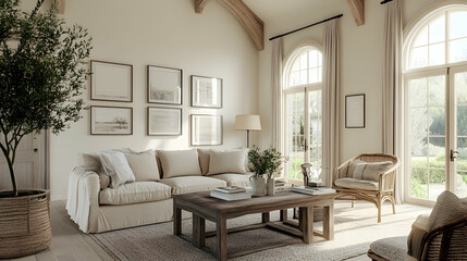 Minimalist French Country-Inspired Living Room with Light Walls, Beige Sofa, Elegant Wood Accents, and Rustic Charm