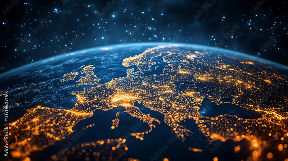 Wall mural dynamic digital world map emphasize western europe continental for ai powered global network connect