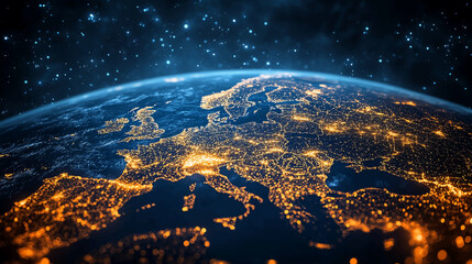 Dynamic digital world map emphasize Western Europe continental for AI powered global network connectivity big data transfer cyber technology network information exchange and telecommunication concept. © Pickoloh