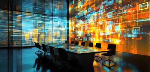 A modern conference room filled with abstract digital projections of ideas and concepts, enhancing a collaborative environment.