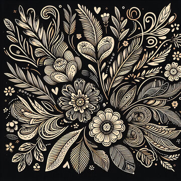 A cute floral pattern with cream, blue, yellow  and purple flowers and dark stems and leaves on a white background.