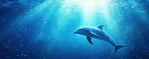 Fototapeta premium Dolphin swimming underwater with blank area for custom text, ocean template, playful marine life