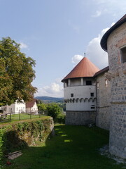 Zuzemberk - Slovenia - September 18 2024 : Historic defensive walls of ancient, imposing castle. Well preserved medieval national monument.